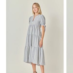 English Factory Blue and White Gingham Tiered Maxi Dress M NEW